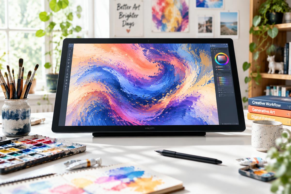 Creative studio with generative art on a pen display
